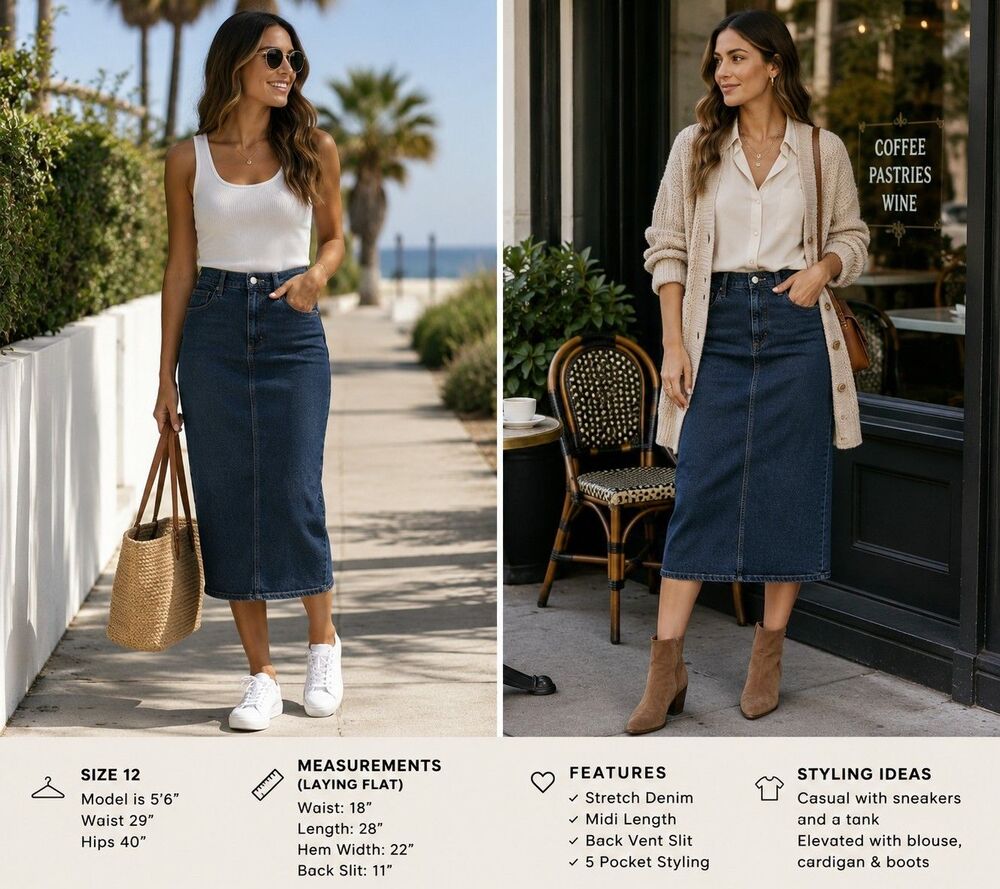 Universal Thread Blue Denim Midi Skirt Women12 Stretch Capsule Wardrobe Chic